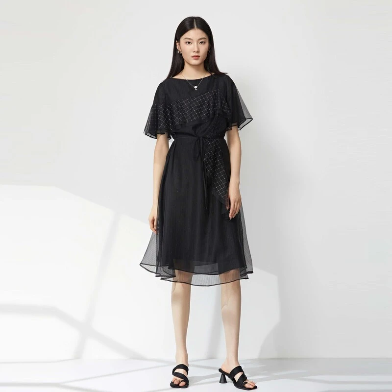 S·DEER圣迪奥格纹收腰网纱短袖收腰显瘦气质时尚连衣裙S23281212