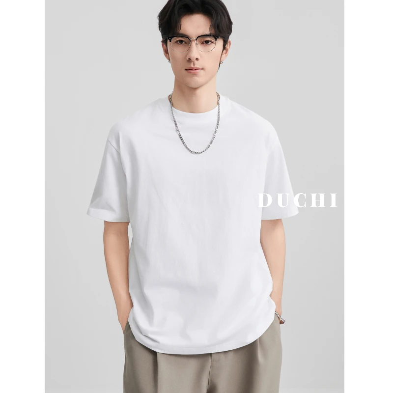 独驰男装100%新疆长绒棉男白色打底230G重磅纯色圆领短袖T恤夏季