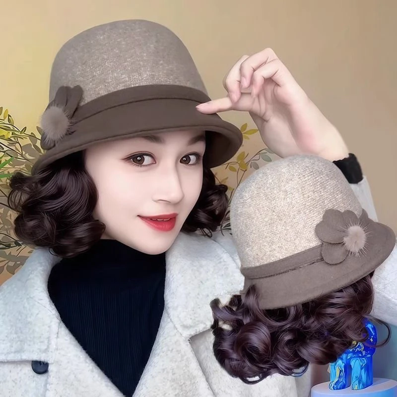 假发一体帽子女秋冬洋气渔夫帽短卷发全头套时尚妈妈款帽子假发