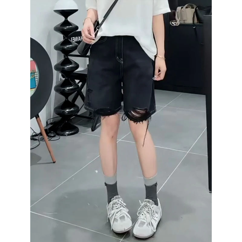 破洞毛边牛仔中裤女夏季新款小个子穿搭高腰黑色宽松直筒五分裤