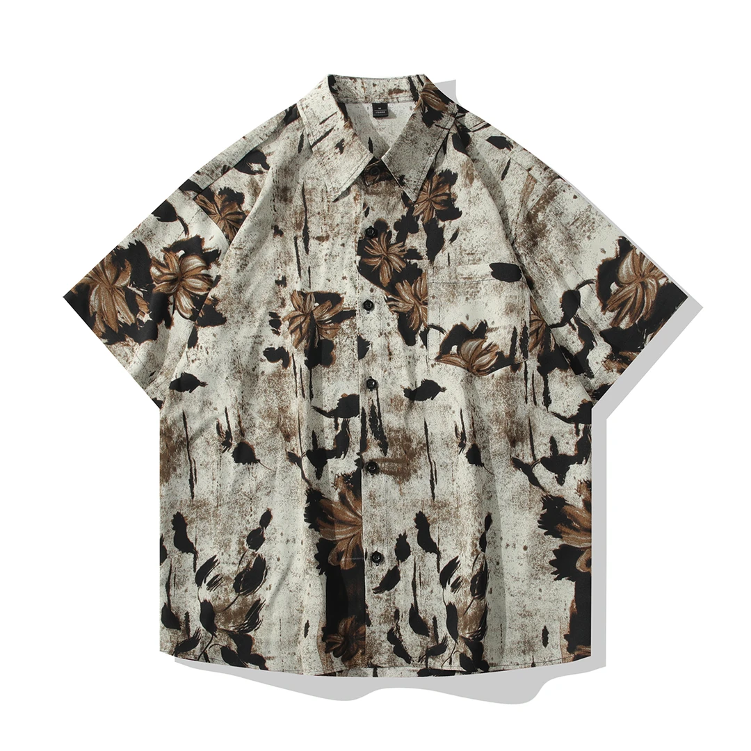 冰丝短袖薄款情侣印花衬衫街头港风复古中式花卉痞帅夏季衬衣宽松