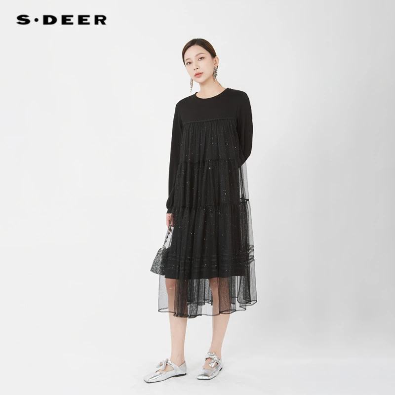 S·DEER圣迪奥秋季针织设计师款优雅时尚黑色连衣裙女减龄漂亮裙子