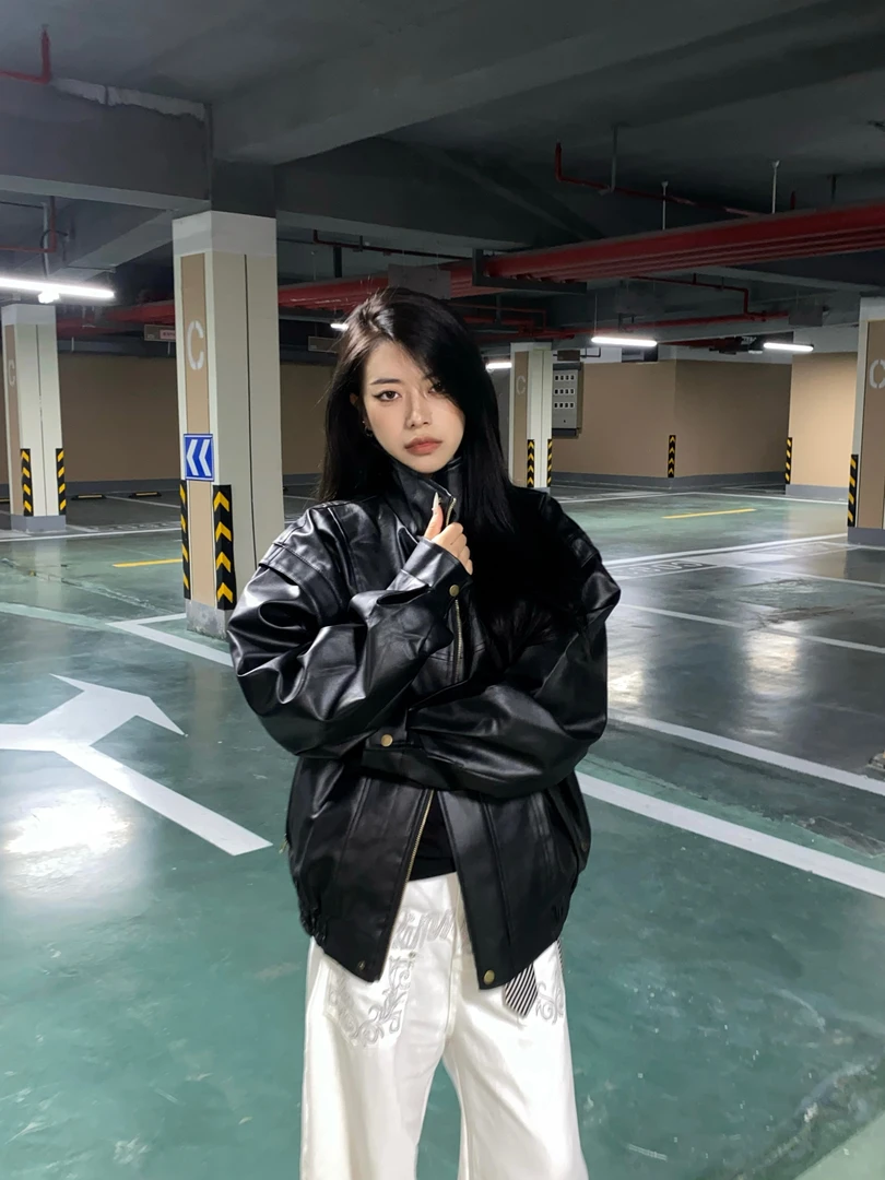 痞帅PU皮衣男女宽松机车服青少年春秋季美式复古飞行员夹克外套