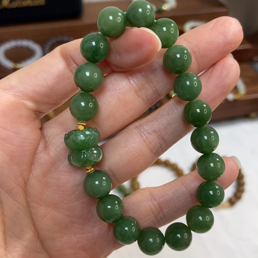 和田玉18K金镶嵌手链10mm黑阳洞碧玉精品