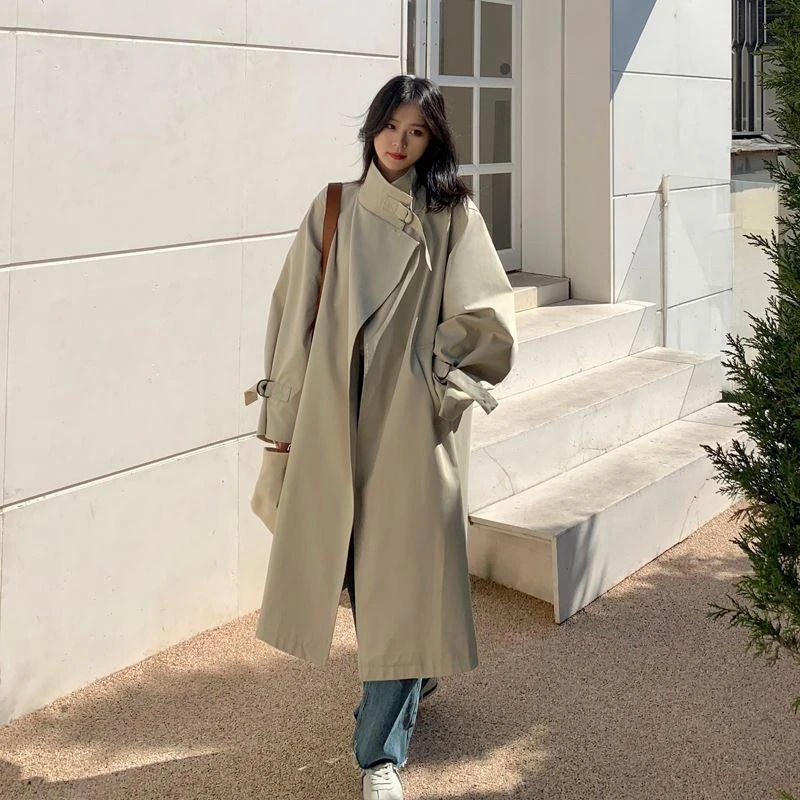 早秋英伦风立领风衣设计感宽松中长款过膝百搭风衣-8A07