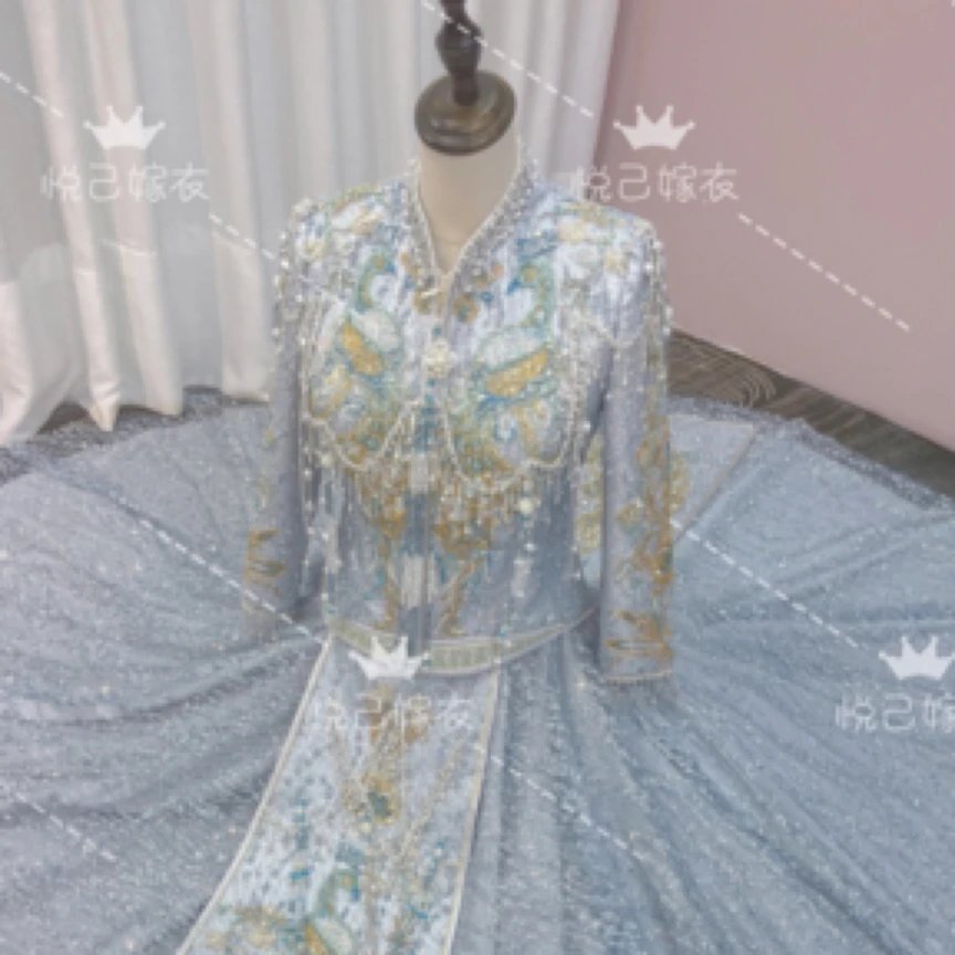 高定款冰蓝色秀禾服2024新款结婚礼服中式嫁衣龙凤褂高级显瘦婚服