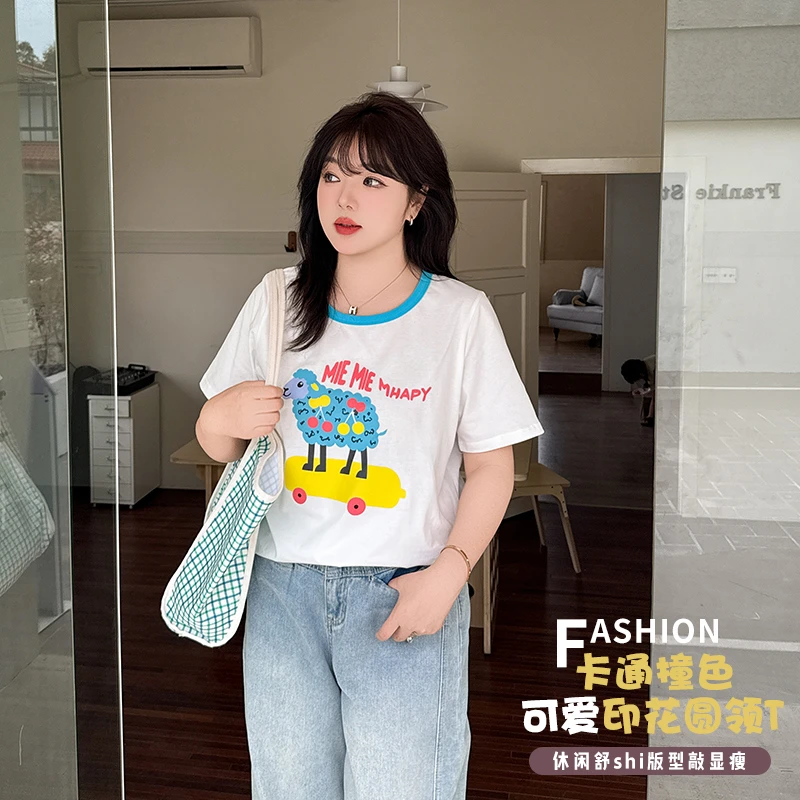 【霏霏推荐】时尚休闲夏季百搭宽松设计感卡通撞色圆领T-W-202