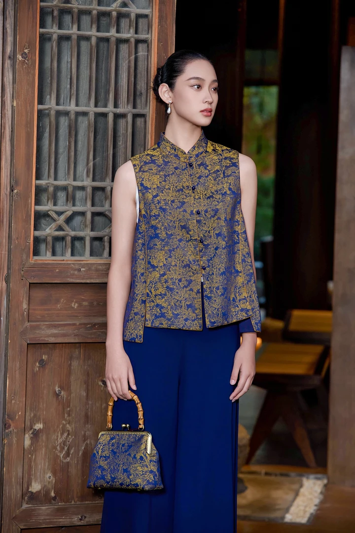 朱紫褕05022六礼幕天姿黄蓝色马甲提花中国风文艺时尚新中式