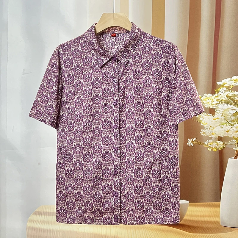 奶奶夏装纯棉短袖上衣中老年人妈妈夏季全棉衬衫半袖老太太衣服女