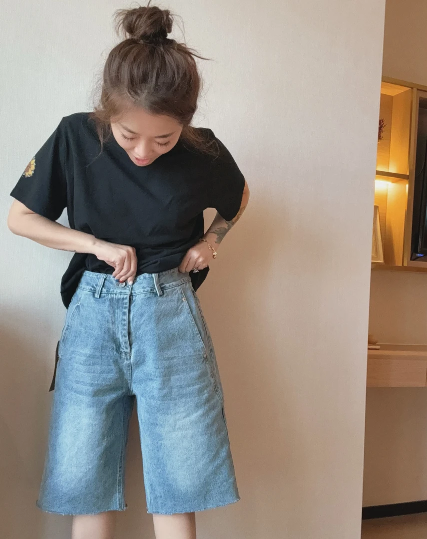 夏小朵 浅色六分牛仔短裤 直筒小众简约时尚百搭休闲短裤