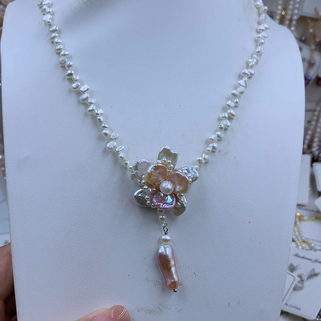 项链银S925镀金镶嵌淡水珍珠青*: