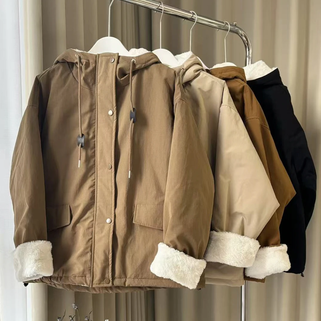 韩版复古风连帽加绒派克服女冬季新款加厚宽松保暖毛毛外套