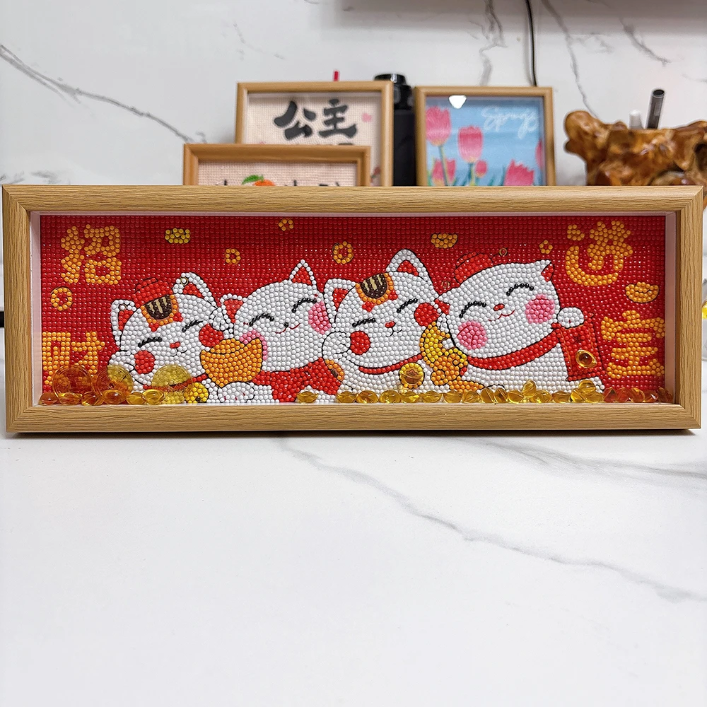 2025新款带框钻石画招财猫手工diy点钻十字绣寓意好客厅摆台小件
