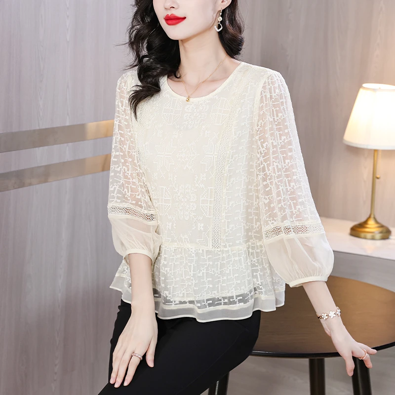 洋气中年妈妈刺绣女夏七分袖宽松高贵黑色蕾丝衫