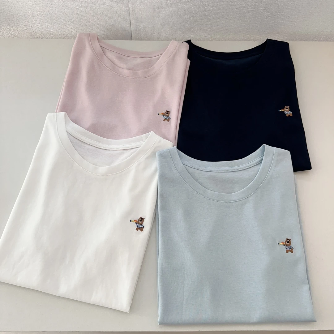 【小熊T】简约纯色百搭轻薄短袖正肩气质T恤显瘦休闲上衣女韩系温柔