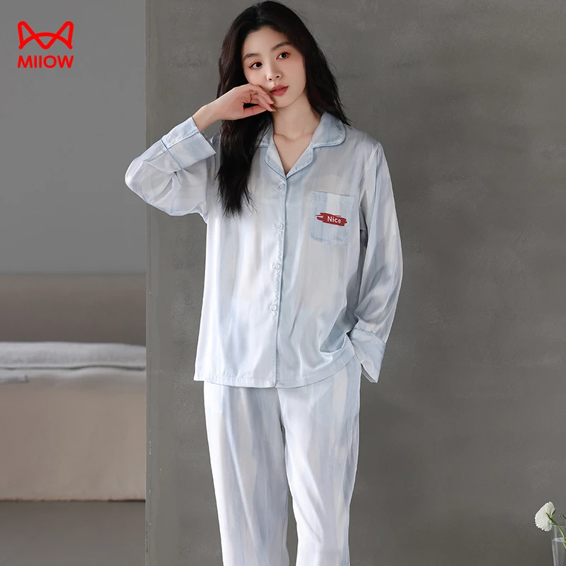 MiiOW/猫人春夏款缎面女士长袖翻领睡衣蓝色质感送礼舒适家居服