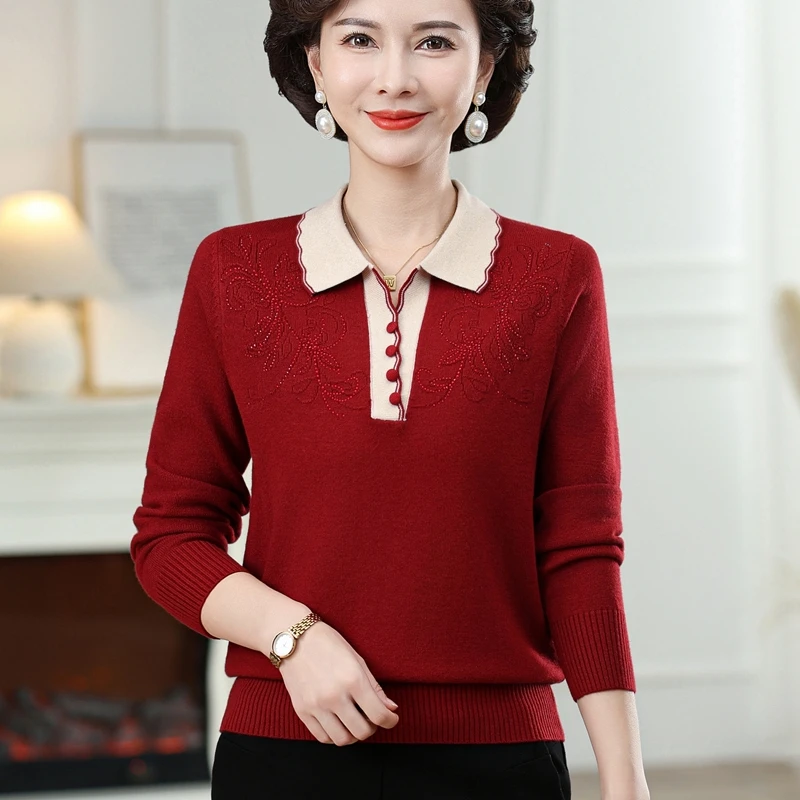 2025新款薄款POLO领春秋妈妈装高贵常规中老年女装长袖针织打底衫