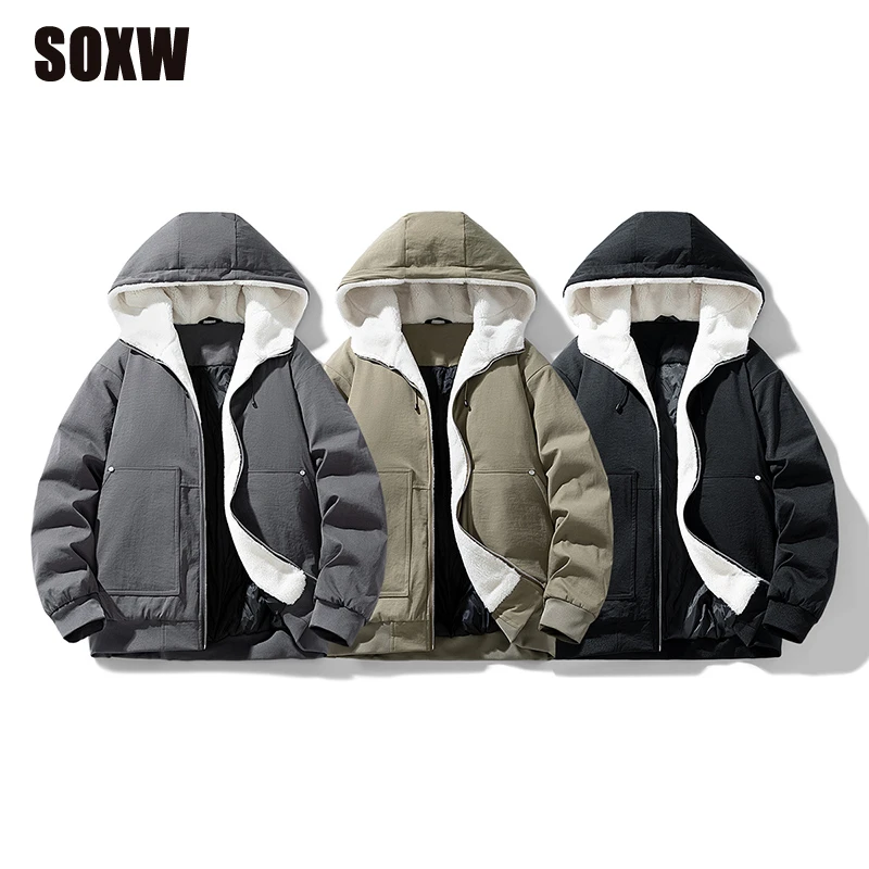 SOXW冬季羊羔绒加绒加厚连帽工装棉服男女款大口袋宽松保暖棉外套