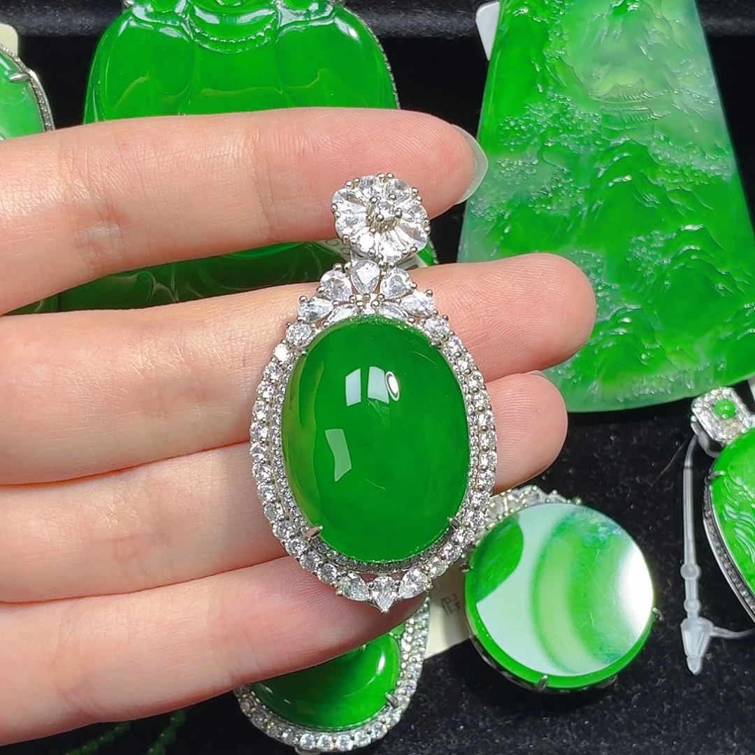 翡翠银S925镶嵌颈饰天然A货翡翠