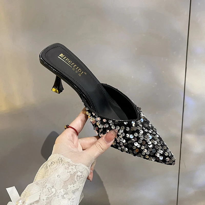 2025高跟拖鞋亮片包头半拖春夏季气质凉鞋凉拖细跟中跟大码女鞋