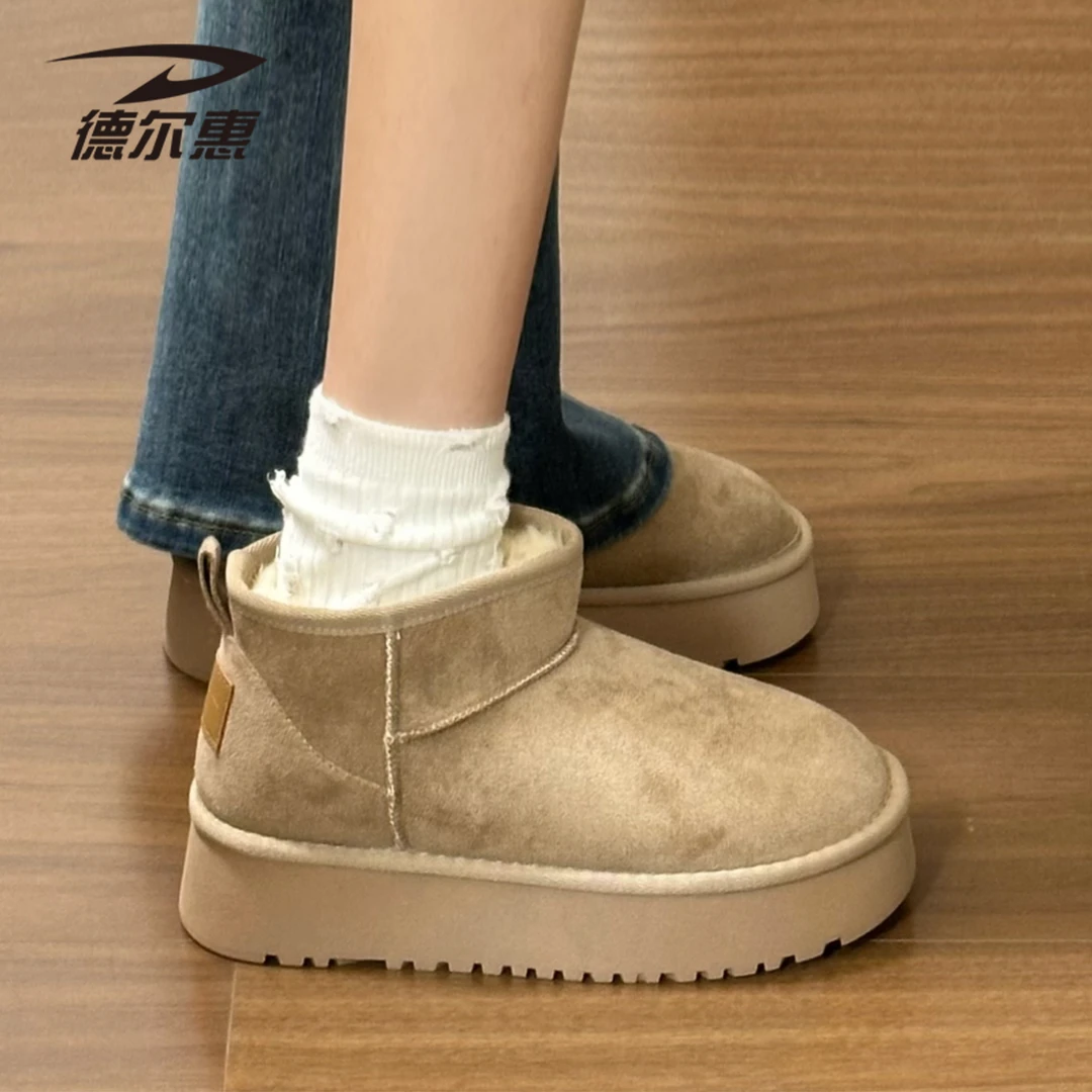 德尔惠厚底雪地靴女2025冬季新款加绒加厚保暖棉鞋复古百搭短筒靴