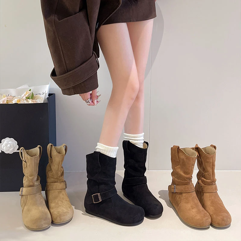 复古内增高短靴女2025秋冬新款丑萌堆堆厚底马丁靴勃肯西部牛仔靴