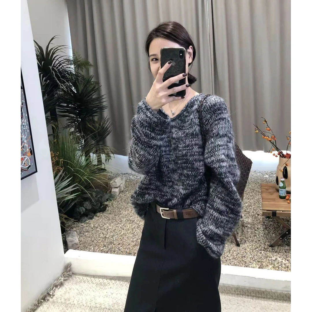 静奢风U领毛衣慵懒高级感毛衣含腰带前开叉西装半身裙铅笔裙套装