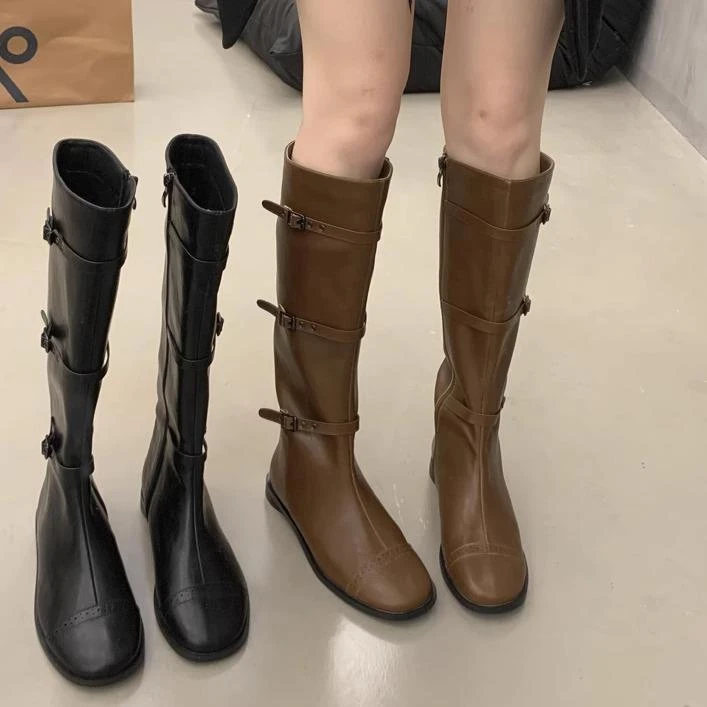复古圆头内增高棕色高筒长靴女不过膝年新款皮带扣骑士长筒靴