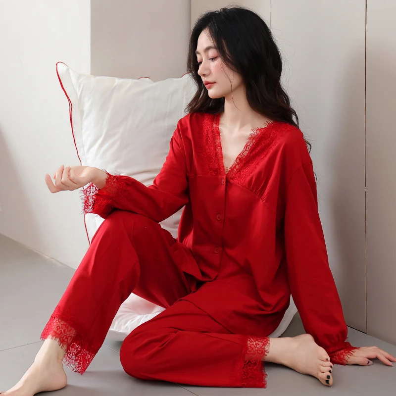 红色睡衣女春秋季纯棉长袖全棉喜庆新婚结婚本命年女款家居服套装