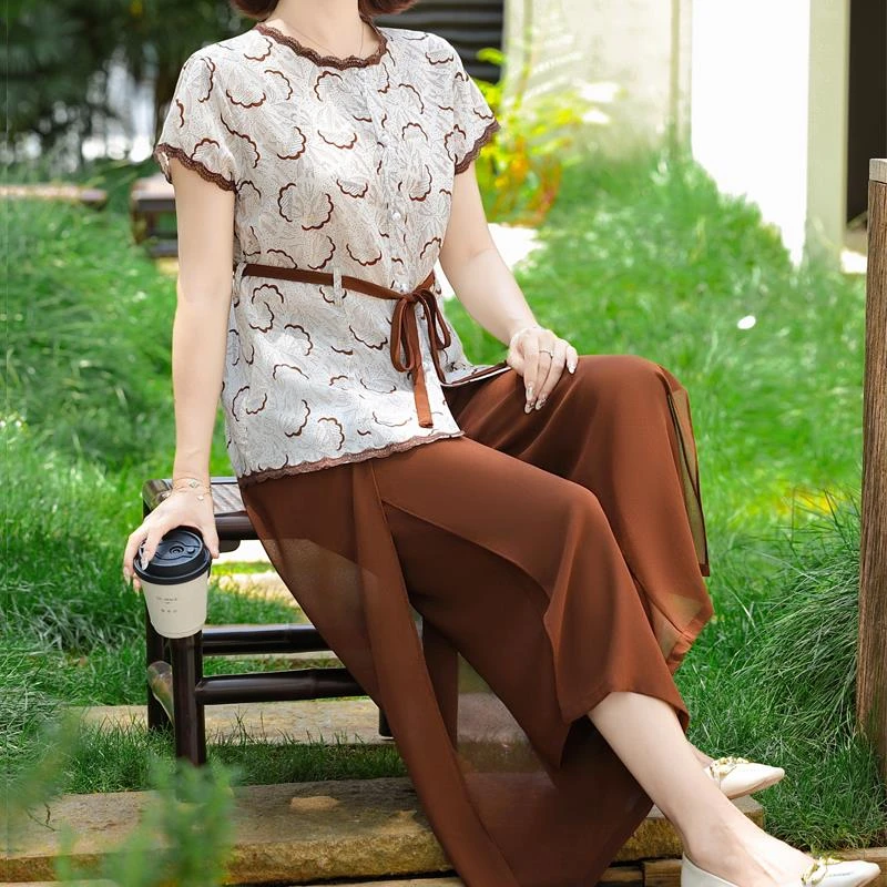 恒源祥彩羊中老年女装夏装套装2025新款妈妈洋气雪纺小衫夏季阔腿