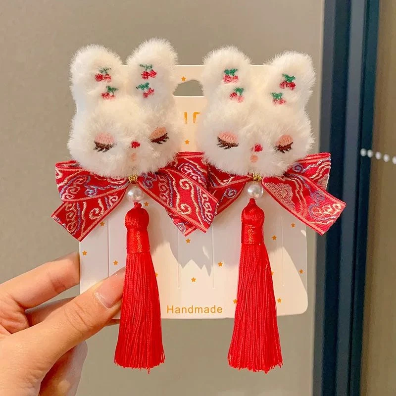 A085（两个装）可爱兔子红色流苏发夹侧边鸭嘴夹新年蝴蝶结发饰