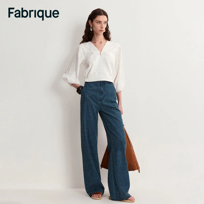 Fabrique Sunny 春夏新款深蓝纯棉肌理钩花高腰复古女阔腿牛仔裤