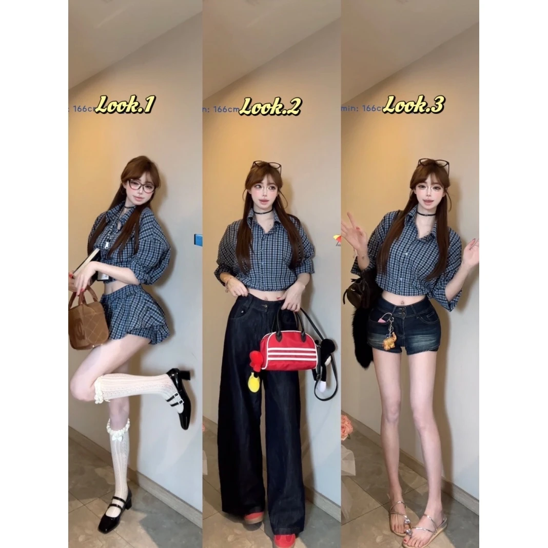 马德里假日 格子衬衫外套上衣a字裙裤套装