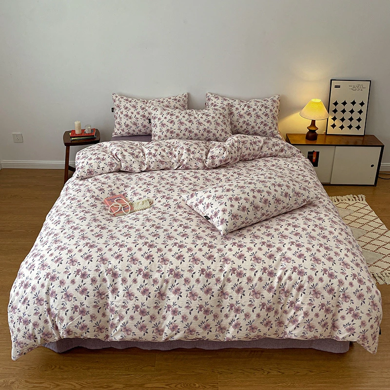 新款A类高克重亚麻复古诧季风原麻系列四件套印花小碎花田园风