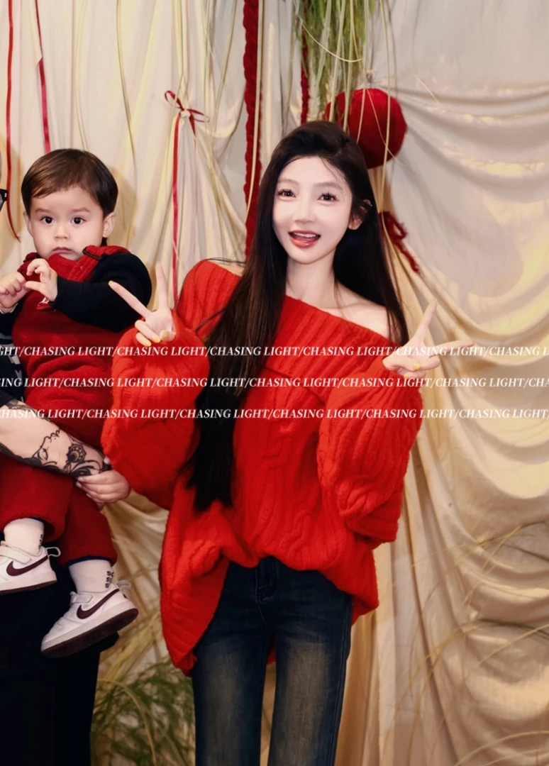 “红毛衣”粗针勾花厚实氛围感一字肩毛衣 我超级喜欢的衣服