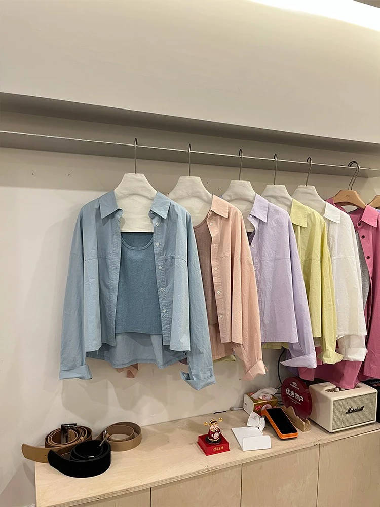 韩系香风～简约百搭衬衫+背心上衣休闲两件套