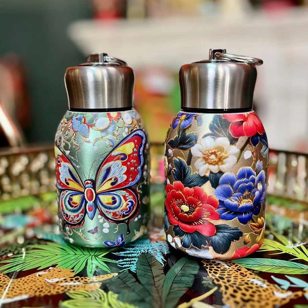 小号300毫升彩绘蝴蝶316不锈钢保温杯保冷保热复古时尚小胖丁拎环