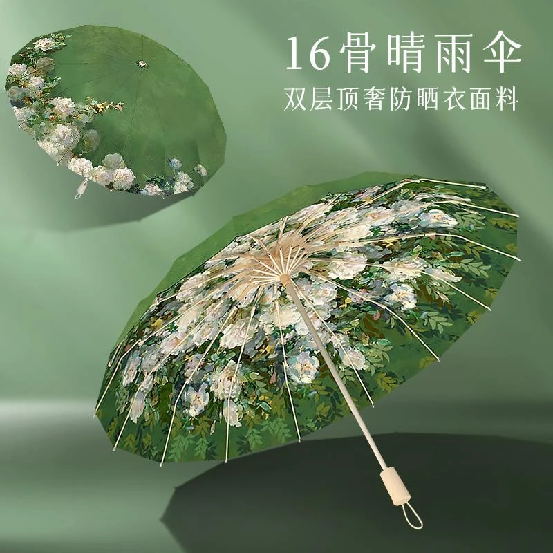 德国16骨油画双层太阳伞女士超强防晒防紫外线晴雨两用折叠遮阳伞