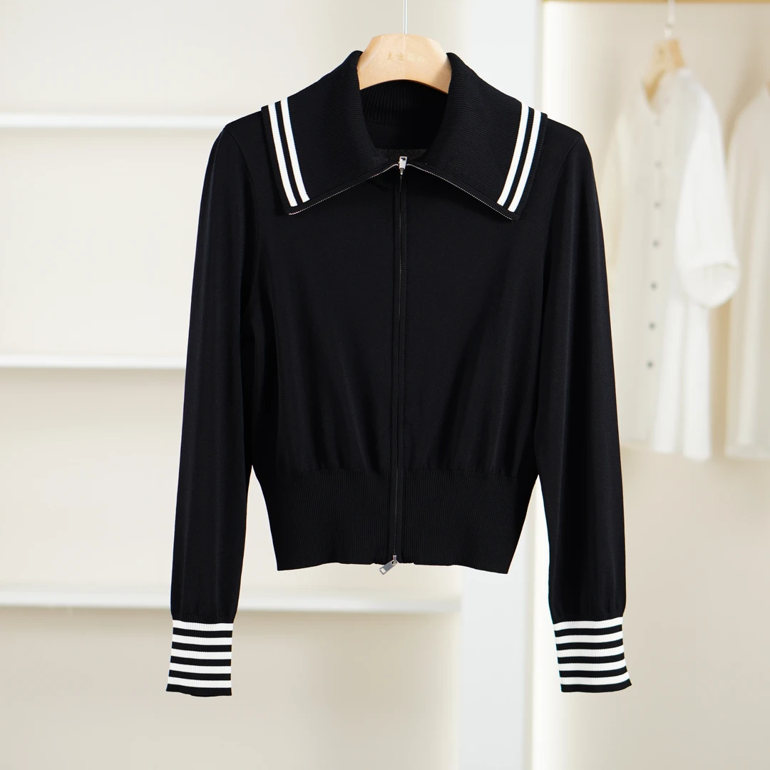 【麦笛·品牌新款】5080367 春季简约翻领黑色针织上衣撤柜女装