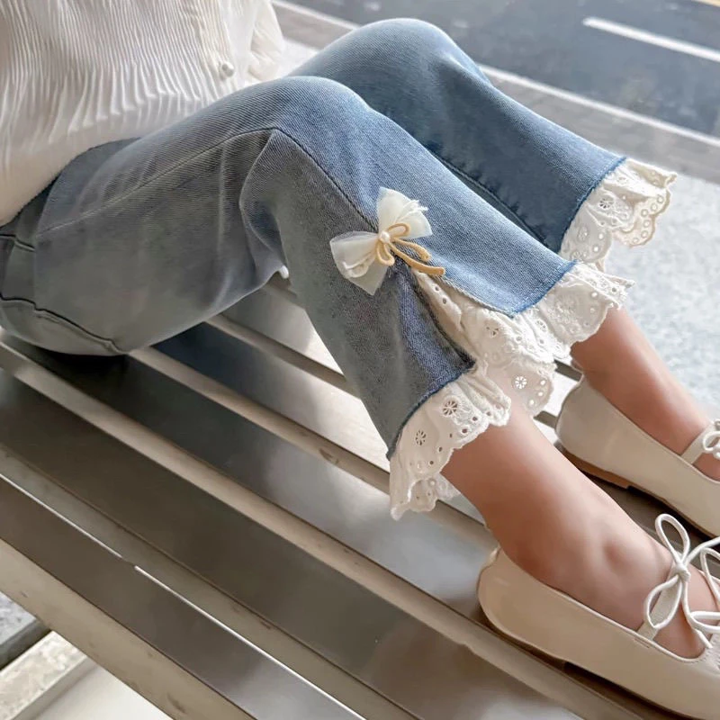女童牛仔裤花边微喇2025新款春秋洋气百搭喇叭裤韩版小童宝宝裤子