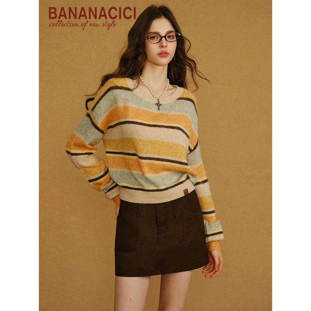 BANANA CICI2025年秋季新款复古慵懒可露丽彩色条纹长袖针织衫