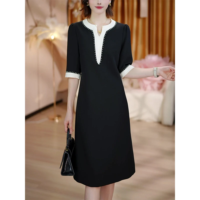 早秋新款法式高端气质拼色小黑裙休闲减龄显瘦长袖女士连衣裙AN