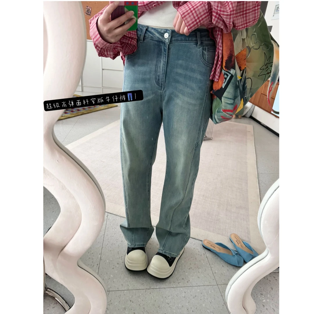晶咕【任意搭】复古水洗百搭高腰弯刀牛仔裤休闲春秋显瘦