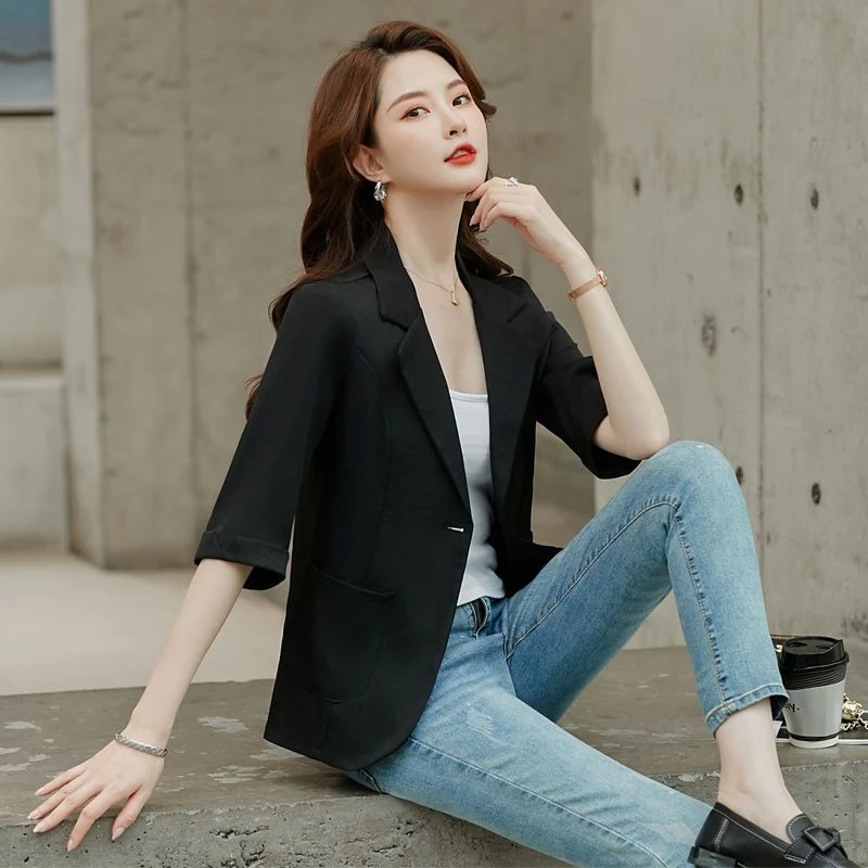 休闲夏装女短款百搭夏季小西装空调衫宽松外搭小西装七分袖101款