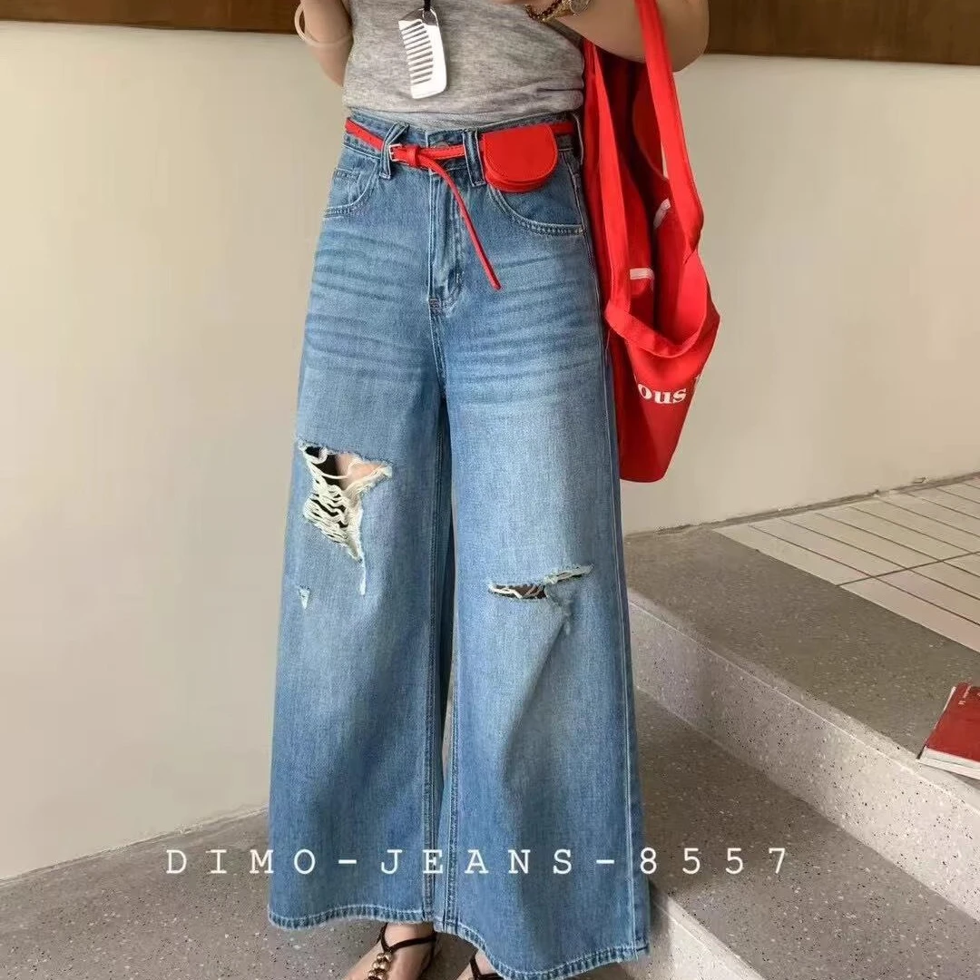 tennisscore带破洞阔腿牛仔裤女2025夏季新款高腰显瘦垂感拖地裤
