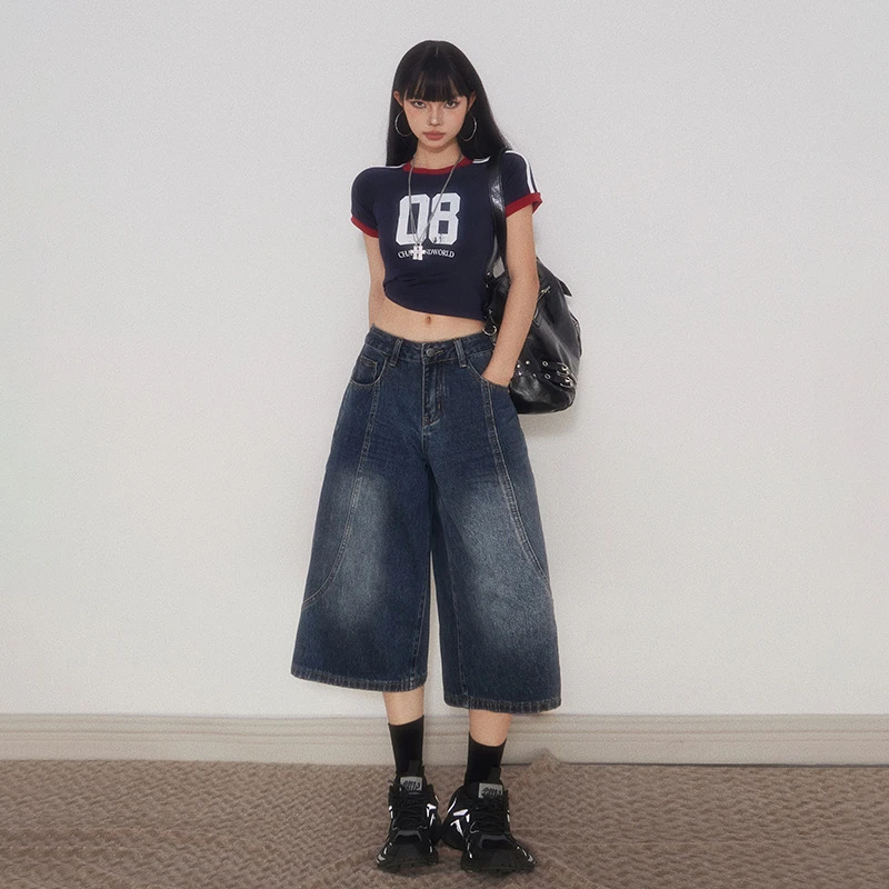 复古休闲松弛感宽松阔腿中裤百搭垂感慵懒七分牛仔裤女2025年夏季