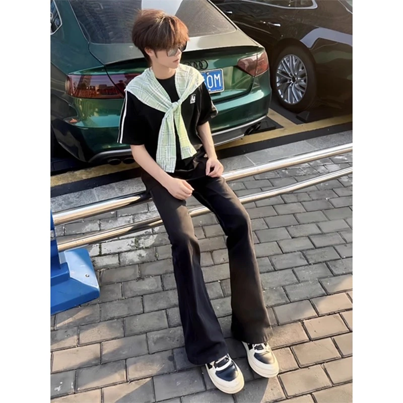 cleanfit黑色牛仔裤男夏季薄款vibe裤子美式高街显瘦修身微喇叭裤