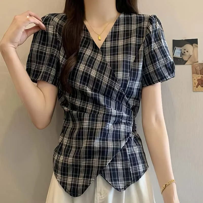 大码法式格子衬衫女装绑带2025新款夏季收腰短袖胖MM遮肉显瘦上衣