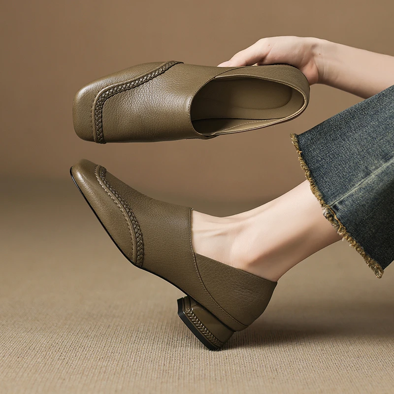 3CM-头羊皮春秋女单鞋方头深口粗跟高跟鞋初秋穿搭香港羊皮方头女