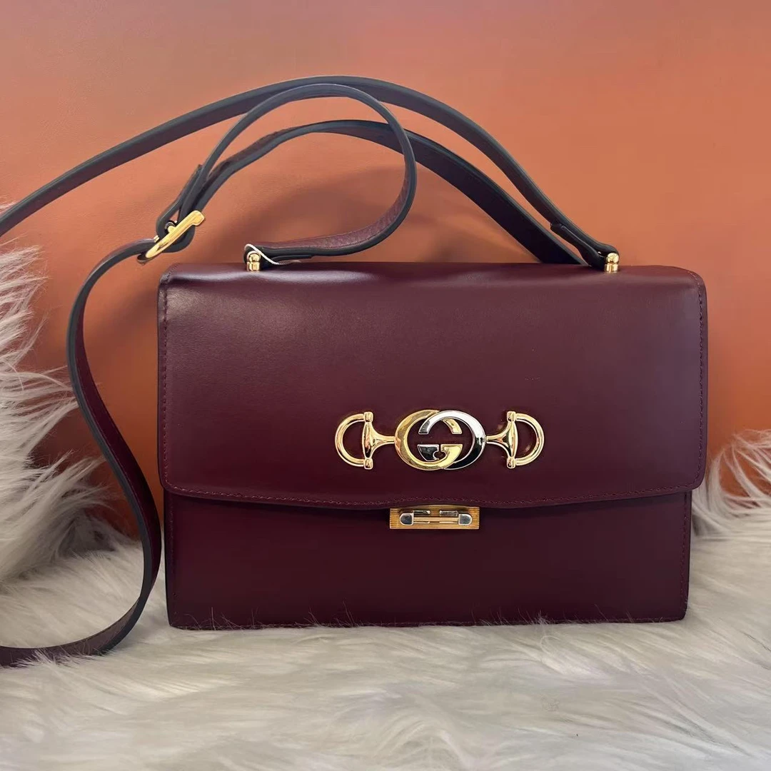 95新 GUCCI/古驰 古驰酒红色马衔扣单肩包C2194